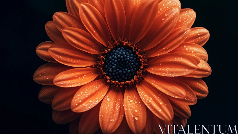Orange Gerbera with Water Droplets Against Black. Detail.