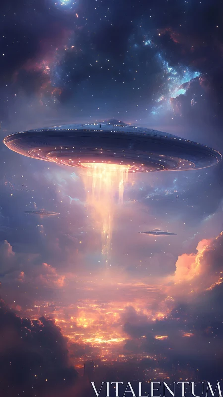 Starlit mothership gently descends above a glowing cityscape