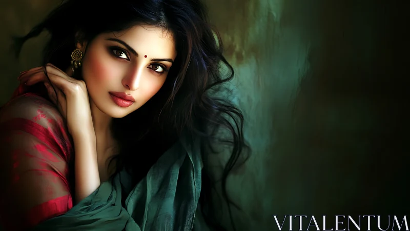 Soft gaze of a woman wrapped in rich, colorful draped fabric