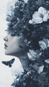 Floral reverie crowns a serene profile in misted midnight hues.