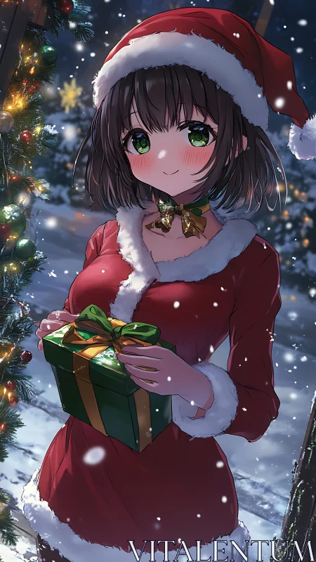 Girl in red Santa outfit holding green gift in snow scene.