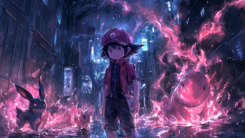 Trainer stands amid neon flames in a rainy cyber alleyway.