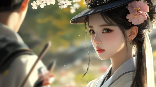 Digital painting portrait in hanfu with floral hat detailing.