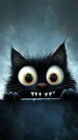 Wide-eyed black feline with exaggerated teeth and claws.