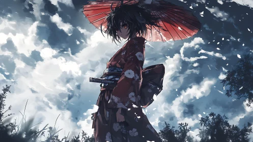 Samurai girl under crimson umbrella in storm-lit anime sky