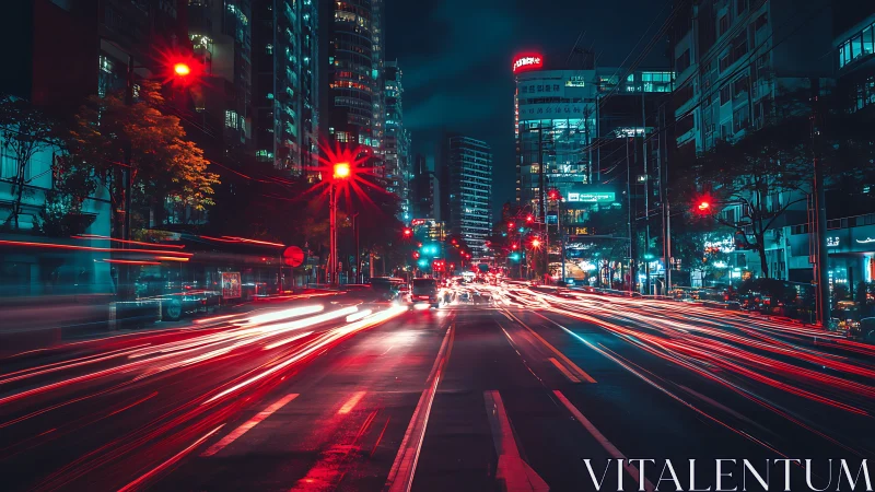 Neon city avenue with red light trails at nightfall.