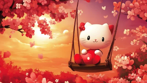Sunset blossom swing with kawaii cat under vivid skies.