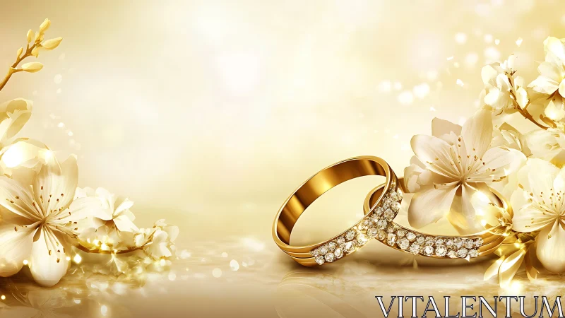 Golden wedding rings rest amid glowing cherry blossoms.