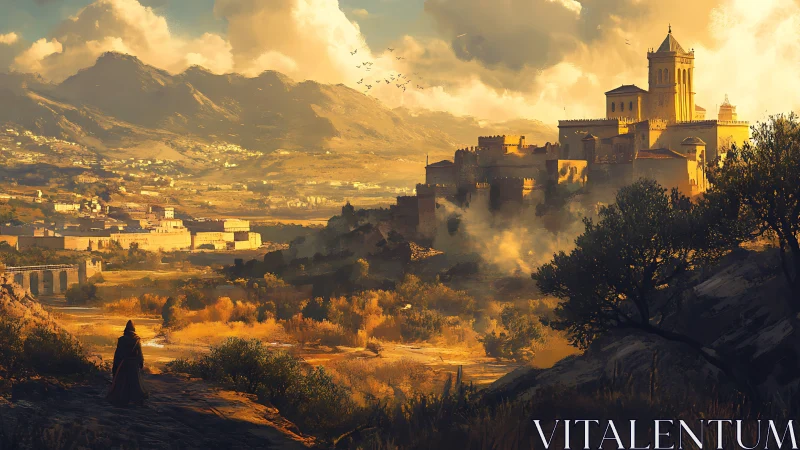 Golden valley fortress dominates a vast medieval landscape.