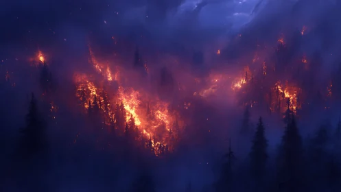 Wildfire Engulfs Forest. Apocalyptic Blaze Rages Through Conifers.