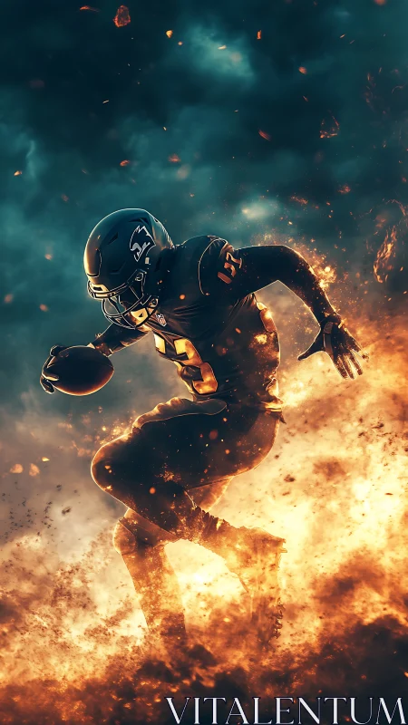 Dynamic football runner emerging through cinematic firestorm