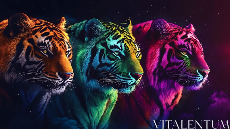 Three Neon Tigers Against Starfield Night Sky