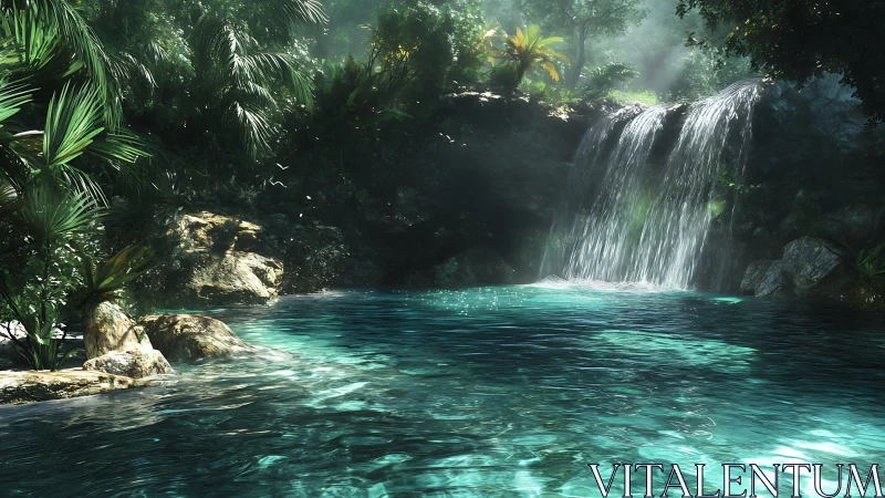 Sunlit jungle waterfall pooling into tranquil turquoise waters.