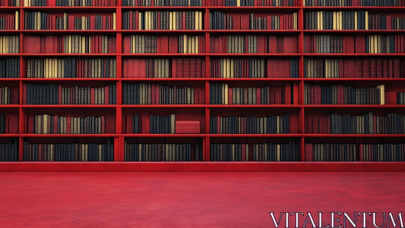 Red library wall showcases orderly shelves of vintage books.