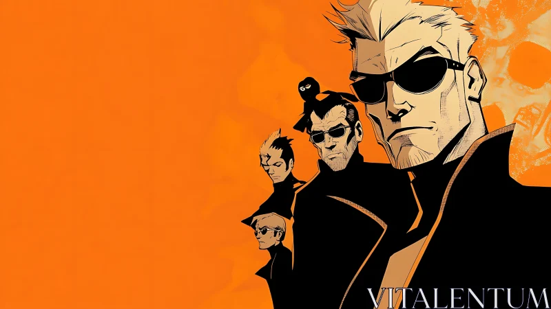 Vector-stylized agents in sequential scale on orange field.