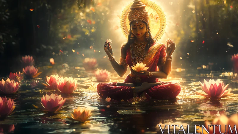 Radiant lotus deity in volumetric dusk illumination on water.