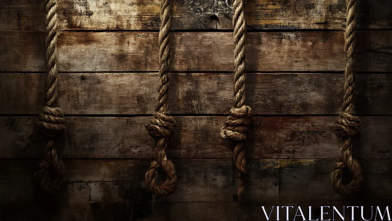 Four coarse rope loops hang against distressed wooden boards