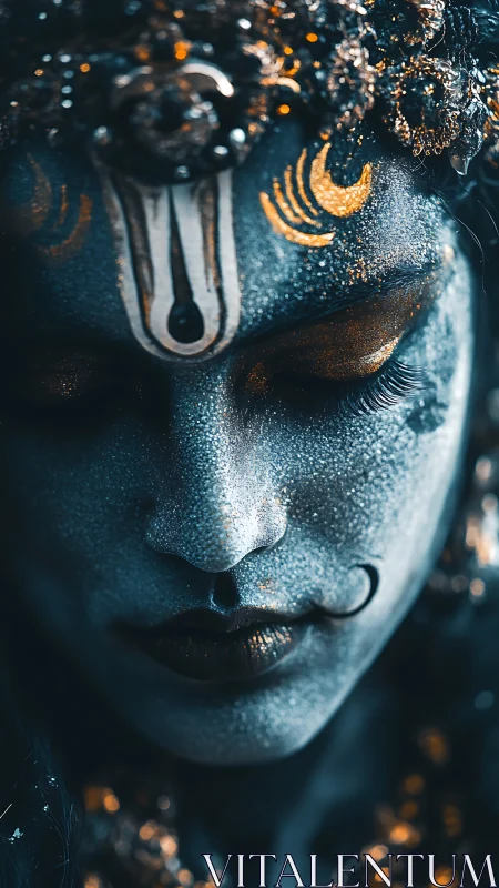 Close portrait shows glittered blue face with golden makeup