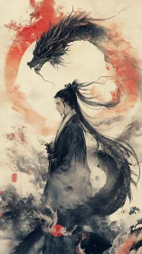 Ink style portrait of robed figure with coiled dragon form.