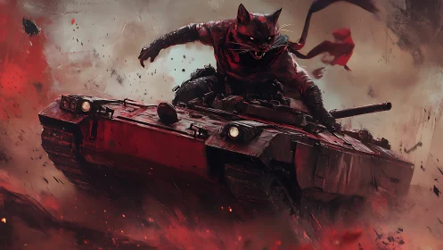 Battle-ready cat commander riding a roaring red tank.