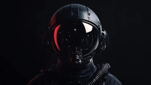 Photorealistic black space helmet portrait in low-key lighting.