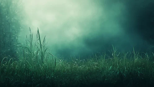 Moonlit mist rises behind dewy grass in tranquil meadow