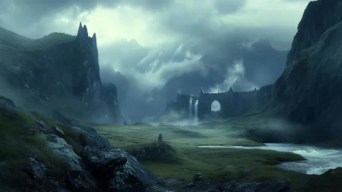 Digital painting of mist-clad valley with ruined stone gate.