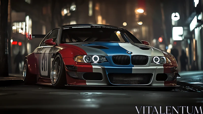 Street-tuned BMW race car glows under moody night city lights