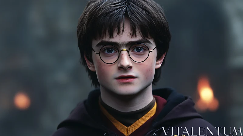 Young wizard portrait with round glasses and cloak