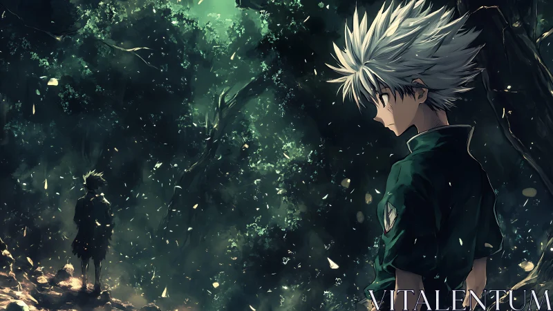 White haired anime boy in luminous forest with distant figure.