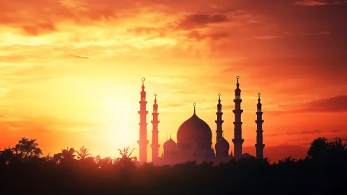 Mosque silhouette with multiple minarets at vivid sunset