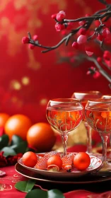 Citrus toasts shimmer beneath plum blossoms on crimson silk