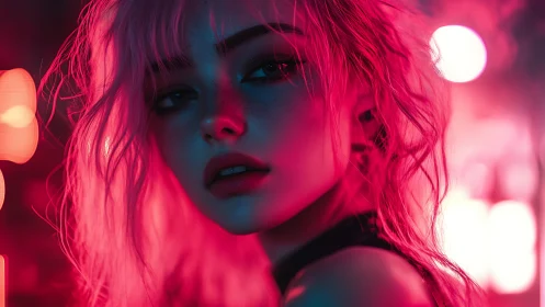 Neon lit portrait of young woman in pink and blue light.