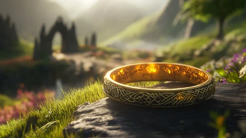 Golden ring with Celtic motifs on stone in fantasy valley.