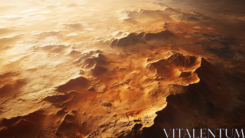 Sunlit desert mountain range rendered with aerial depth