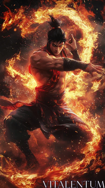 Blazing martial artist bends a dragon ring of roaring fire.