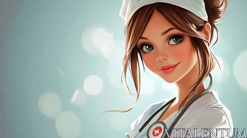 Soft-lit nurse portrait in glossy anime illustration style.