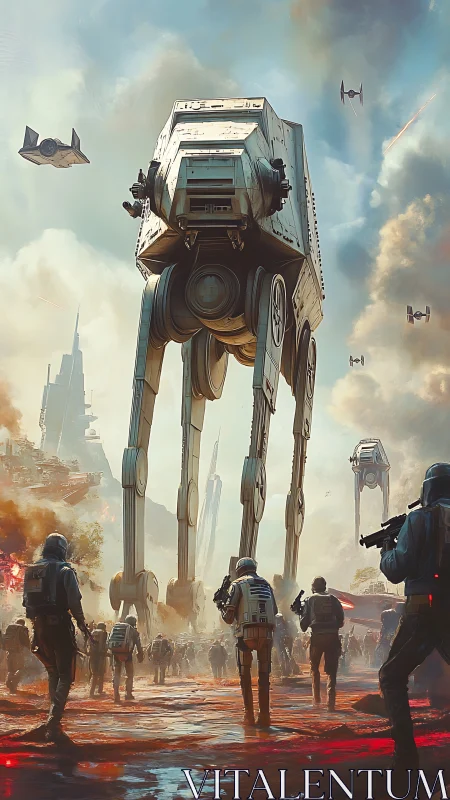 Armored quadruped walkers dominating smoldering urban battlefield.