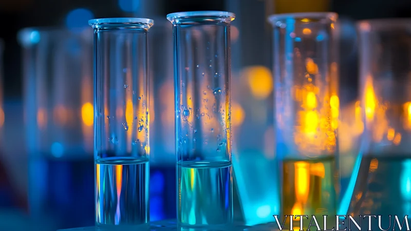 Glass test tubes hold colored liquids under laboratory lights