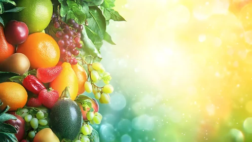 Mixed fresh fruits arranged on left against bright bokeh field
