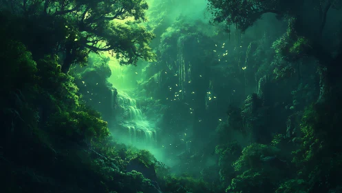Ethereal Forest Canyon with Cascading Waterfalls and Luminous Atmosphere.