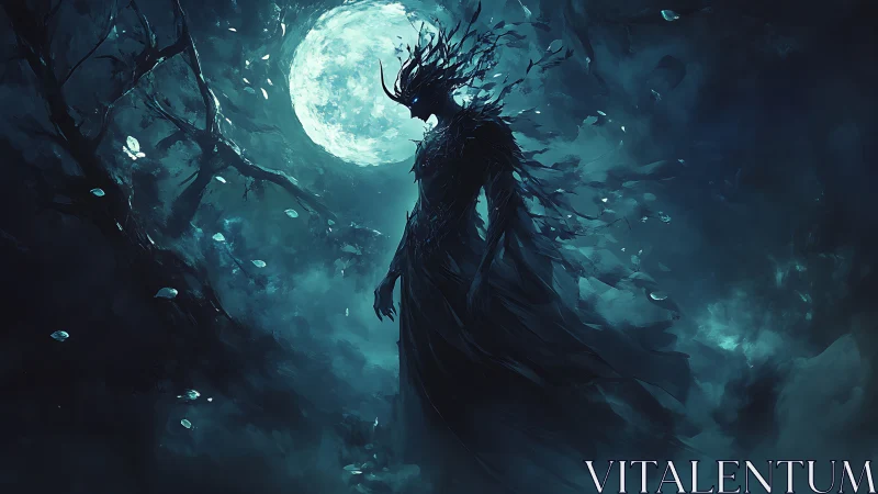 Nocturnal wraith silhouette under lunar backlit stormscape.