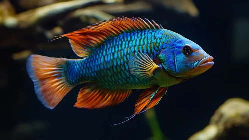 Vibrant tropical fish with blue scales and orange fins in aquarium.