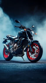 Midnight road warrior with blazing red wheels poised.