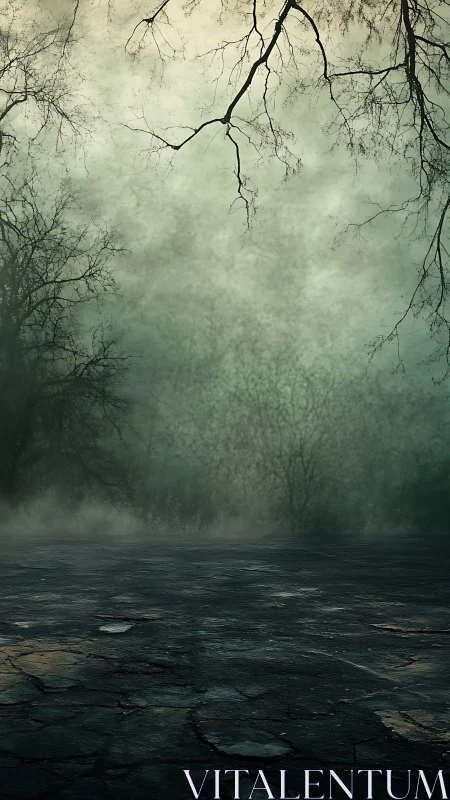 Foggy cracked ground under bare trees in muted light.