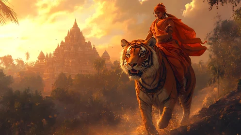 Warrior saint riding tiger before sunlit jungle temple.