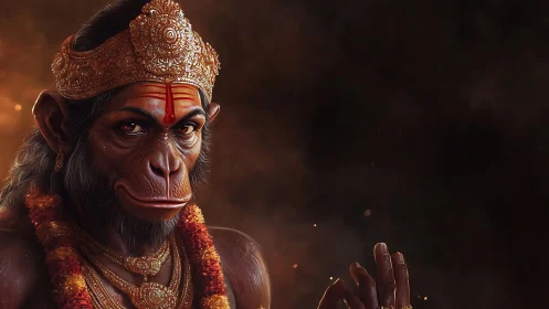 Simian-headed deity figure with ornate crown and garlands.