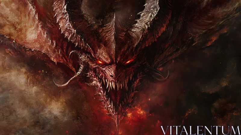 Demonic horned beast emerges from burning shadowed void.