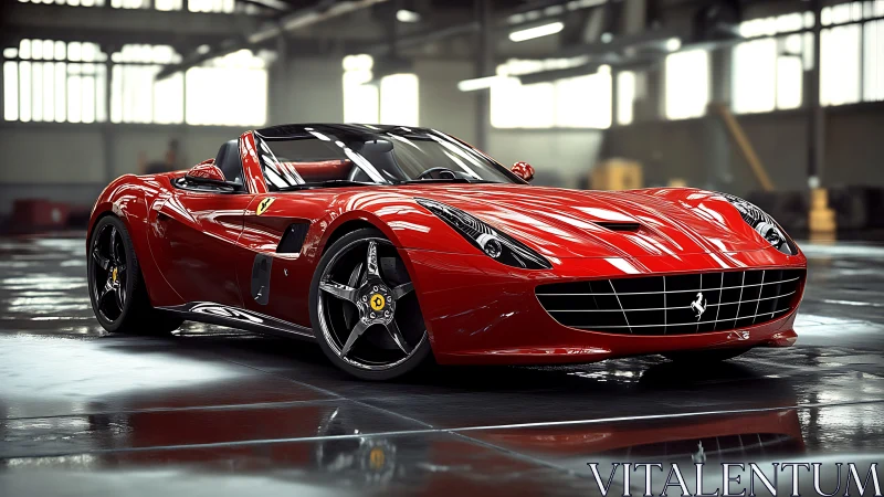 Red convertible sports car rendered inside reflective garage
