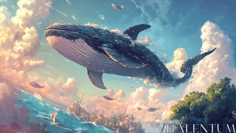 Majestic sky whale glides above ocean city at sunrise.